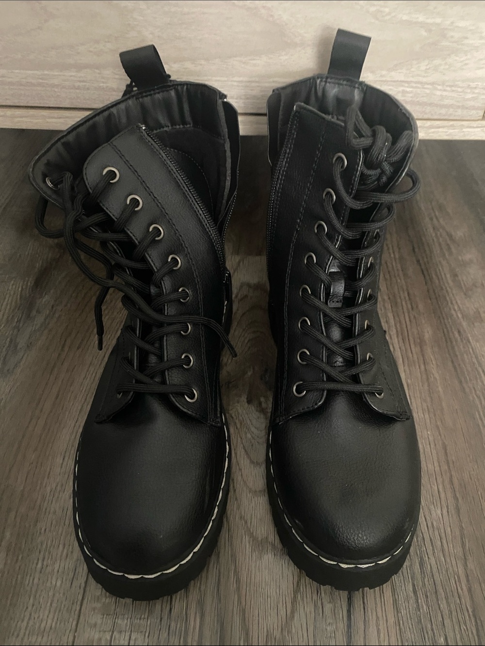 Sincerely Jules Black Lace-Up Combat Boots with Contrast Stitching